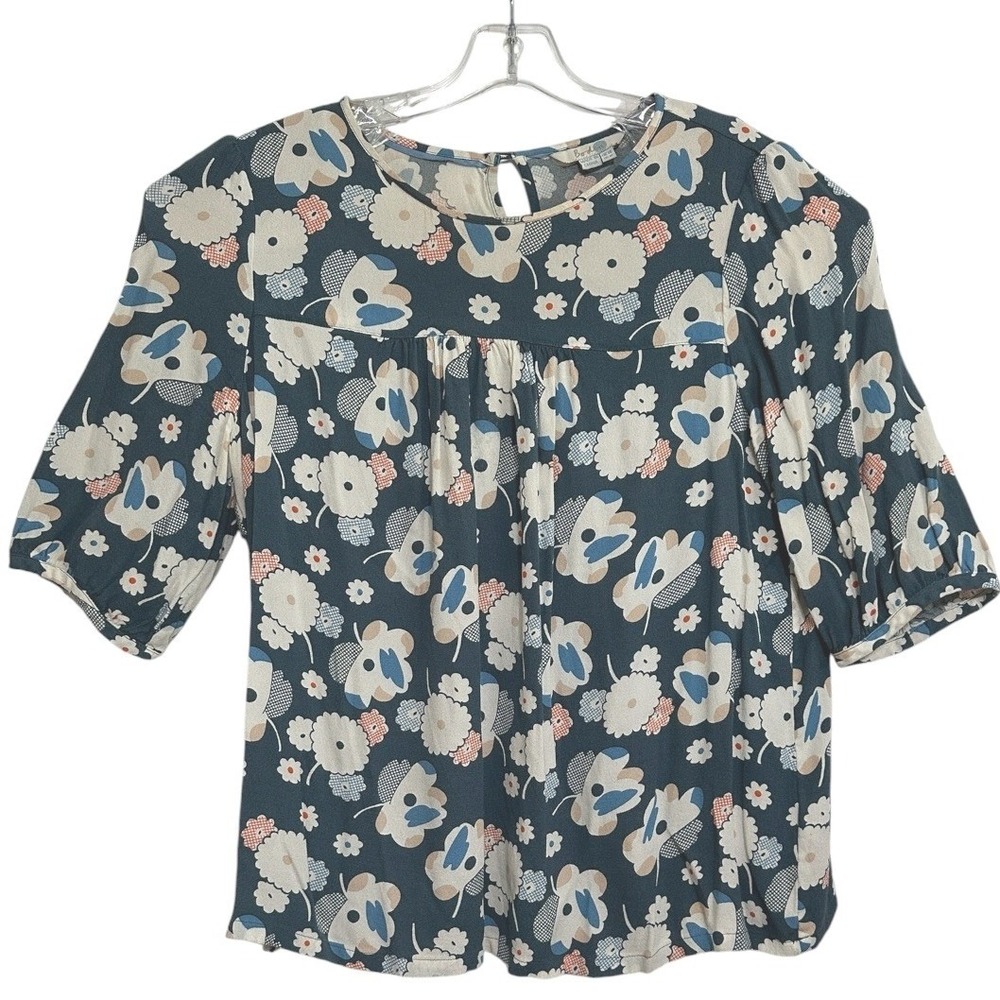 Boden Floral Blouse Womens Blue Retro Floral Print Keyhole Back Cottagecore  10 - Picture 2 of 6